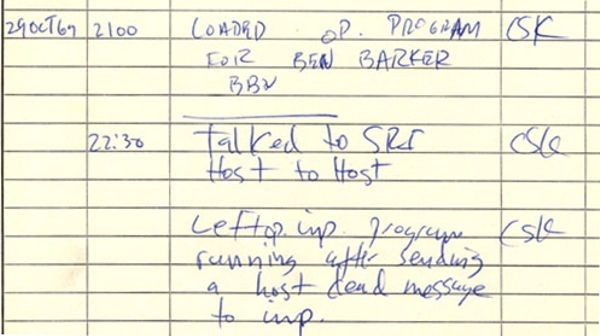 First ARPANET IMP log--a record of the first message ever sent over the ARPANET, which was transmitted at 10:30 pm on October 29, 1969
