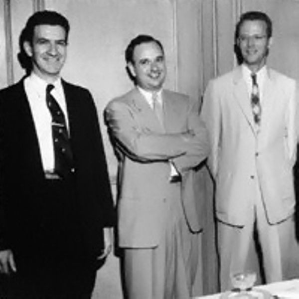 The Whirlwind team, R. Weiser, R. Everett, and J. Forrester, at Jay Forrester's retirement party in June 1956. (The MITRE Corporation Archives) 
