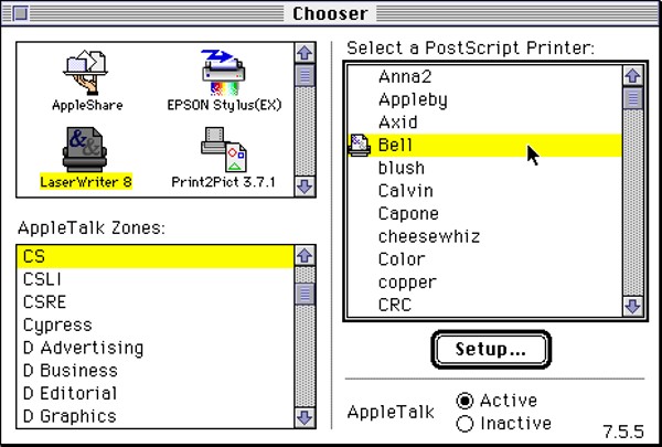 Local AppleTalk network as seen on the Mac’s Chooser, a utility for accessing shared resources.